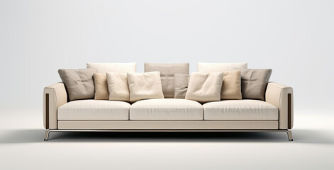 Fototapeta na wymiar White Couch With Many Pillows, Comfortable Seating for Relaxation and Style
