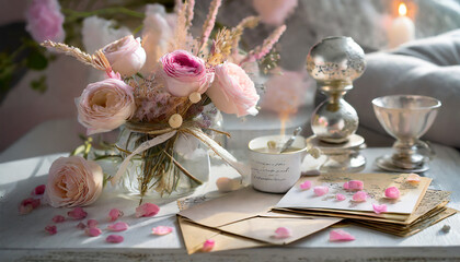 Romantic still life with love letters. Soft pinks, sentimental details. Arrangement of vintage love letters and dried flowers. Romantic nostalgia, capturing the essence of timeless love.