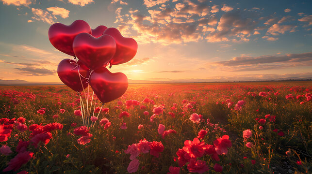 Product photograph of heart shaped balloons tied to ground in a field of blooming flowers. Sunlight. Red color palette. Objects. 