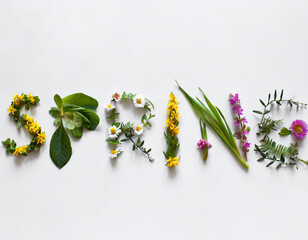Word spring made of flowers and herbs on white background. Spring flowers composition. Creative floral texture. Springtime, mood, craft concept. Flat lay, top view, copy space
