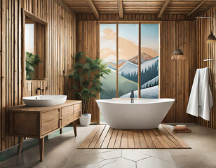 Fototapeta premium Rustic interior design of modern bathroom with wooden wall and bathtub decorated with solid wood slab