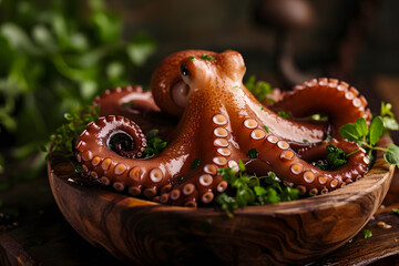 Cooked whole octopus on wooden plate 