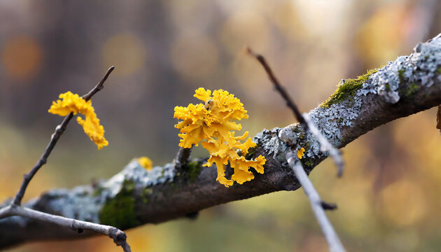 Yellow lichen on dry tree branch in autumn forest with blurred background. Macro closeup image