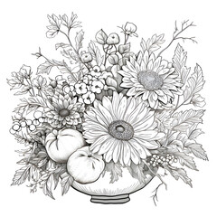 Coloring book black and white picture. Flowers in a vase. Thanksgiving for the harvest.