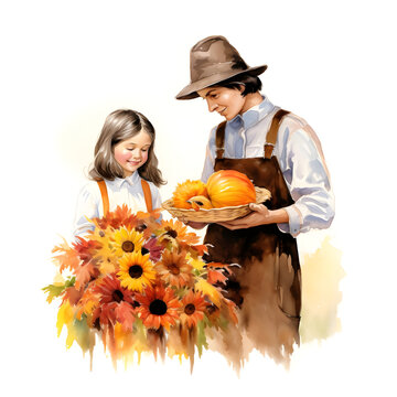Image mother holding pumpkins and daughter with a bouquet of yellow flowers on a white background painted in paint, watercolor. Thanksgiving for the harvest.