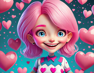 Obraz na płótnie Canvas Young pink haired girl surrounded by bright hearts. Valentines day graphics. Trendy 3d illustration