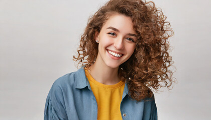 Young smiling positive woman, happy curly joyful cheerful girl student laughing, looking at camera standing isolated at white background, advertising products and services, close up headshot - obrazy, fototapety, plakaty