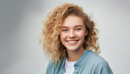 Young smiling positive woman, happy curly joyful cheerful girl student laughing, looking at camera standing isolated at white background, advertising products and services, close up headshot
