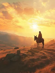  Palm Sunday concept: Silhouette Jesus Christ riding donkey with tomb stone on meadow sunset background, poster, realistic, HD, copy space - generative ai © Nia™