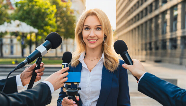 young professional politician woman being interviewed live by a tv broadcast channel with microphones and cameras on a press conference outside on the city street