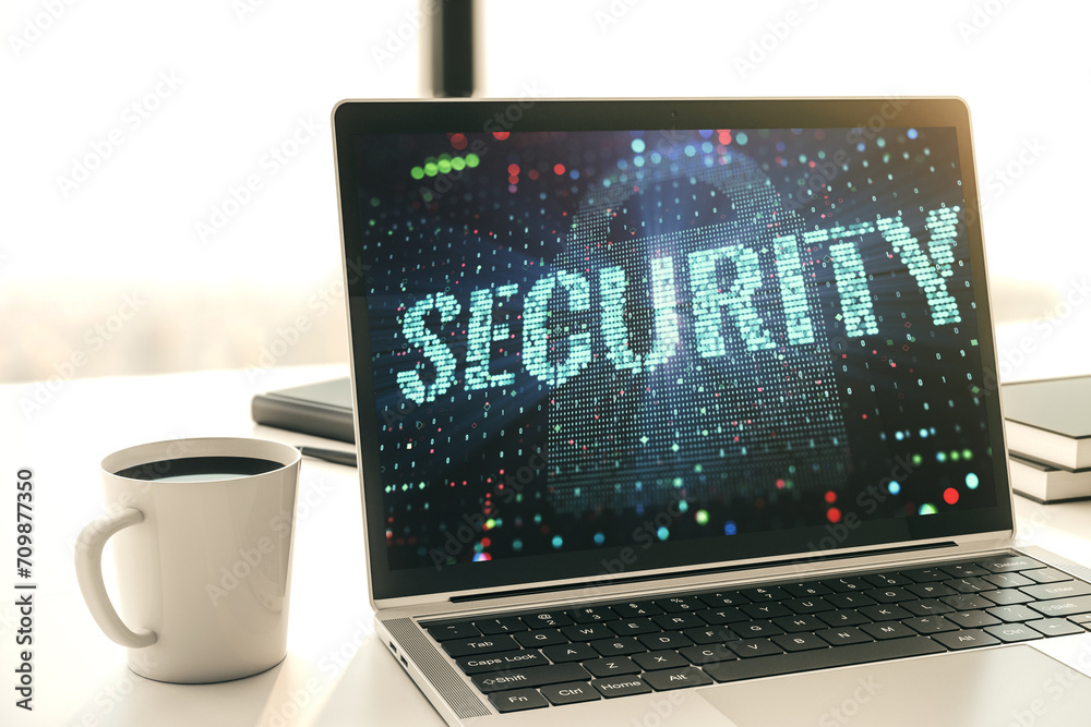 Poster cyber security creative concept on modern laptop monitor. 3d rendering