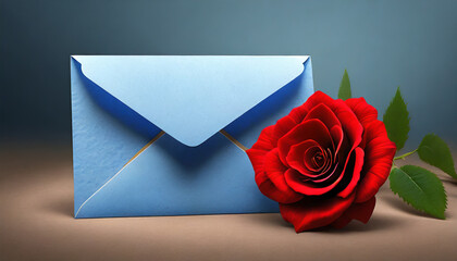3D envelope and a blue flower with a scarlet rose