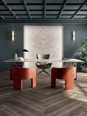 Luxury office interior with wooden marble on floor, wooden furniture, computers on marble table, sofa in waiting area. 3D Illustrations. 3D Rendering