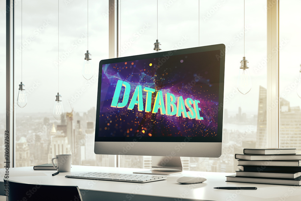 Fototapete modern computer screen with database word sign, global research and analytics concept. 3d rendering