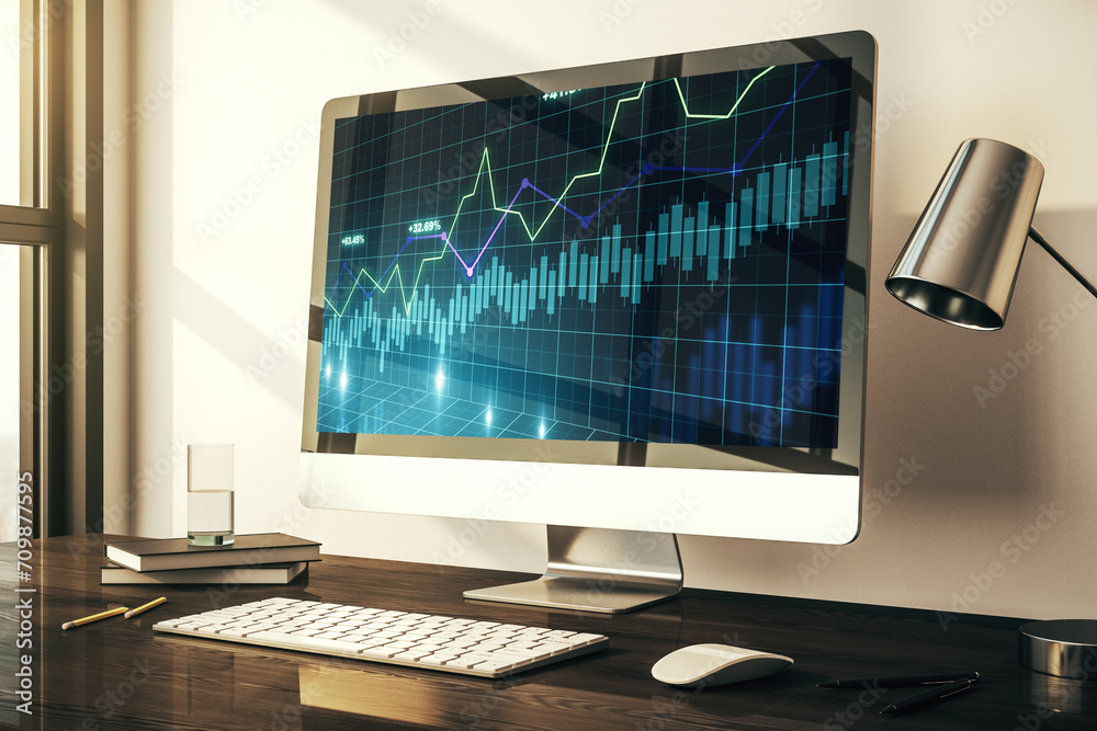 Poster Modern computer screen with abstract creative financial chart, research and analytics concept. 3D Rendering