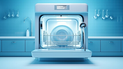 One dishwasher, suspended, blue and white, light blue background,generative ai