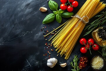 realistic photo of Food ingredients for italian pasta