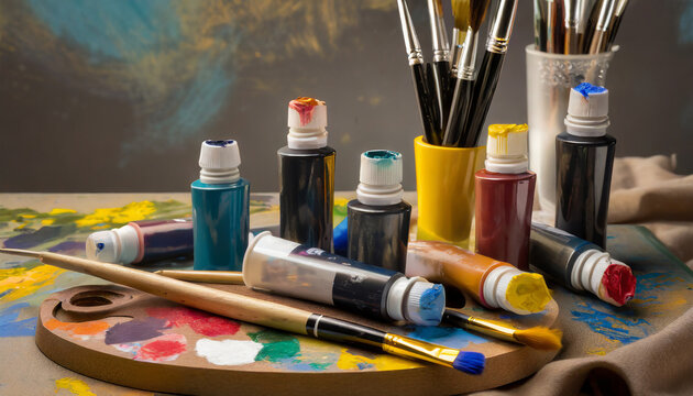 Artistic still life with paint tubes. Bold colors, creative details. Arrangement of artist_s paint tubes and brushes. A celebration of creativity, showcasing the tools of the artistic process.