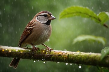 Sparrow Serenity in Rainforest Symphony, A Captivating Portrait Photography of a Rain-Adorned Sparrow