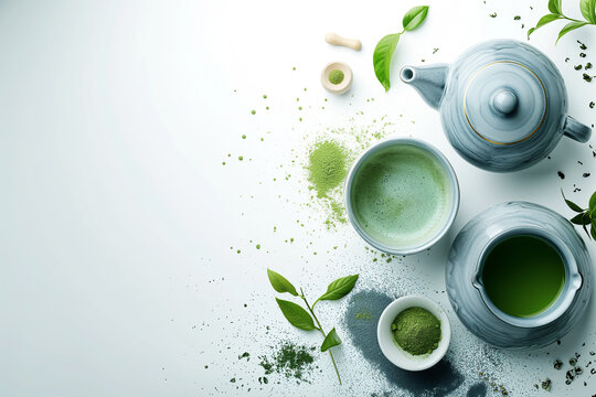 Matcha tea powder. Organic green matcha tea ceremony. Set of matcha powder bowl wooden spoon and whisk green tea leaf Organic Green Matcha Tea ceremony.