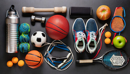 Assorted Sports Equipment on Black background, flat lay