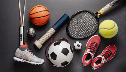 Assorted Sports Equipment on Black background, flat lay