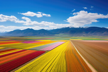 Colorful Flower Fields and Mountain Landscape