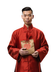 chinese men holding red envelope on transparent background,generative ai