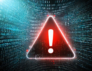 Attention symbol made with binary code. Danger Sign. Virus Alert. Digital binary data and streaming digital code background. Computer Hacked Error Concept