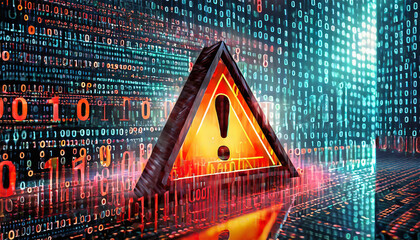 Attention symbol made with binary code. Danger Sign. Virus Alert. Digital binary data and streaming digital code background. Computer Hacked Error Concept