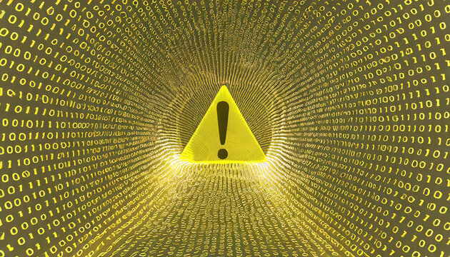 Attention symbol made with binary code. Danger Sign. Virus Alert. Computer Hacked Error Concept. Hacking Piracy Risk. Virtual tunnel warp made with digital code
