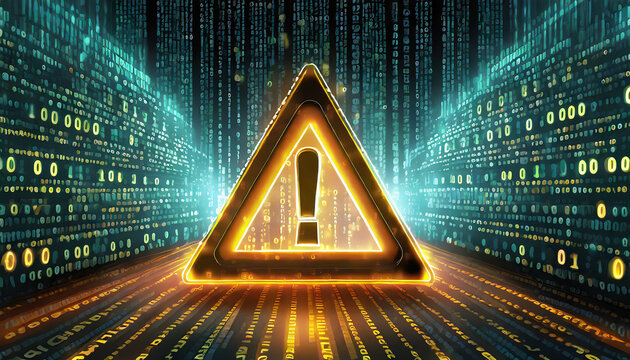 Attention symbol made with binary code. Danger Sign. Virus Alert. Digital binary data and streaming digital code background. Computer Hacked Error Concept