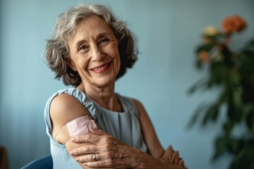Smiling healthy mature older senior happy woman showing bandage on arm after getting vaccination. Vaccine and old elder people inoculation, elderly immunity for covid prevention concept, Generative AI - obrazy, fototapety, plakaty