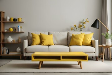 living room interior with cream sofa and yellow table