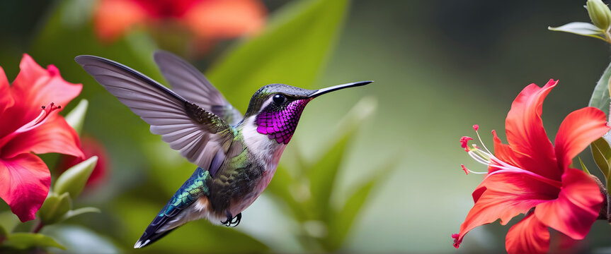 Primer plano de un Colibr&iacute; en vuelo. Ave Trochilidae volando al lado de una flor. Banner de un colibr&iacute; con fondo de flores y espacio de copia. Hecho con IA.