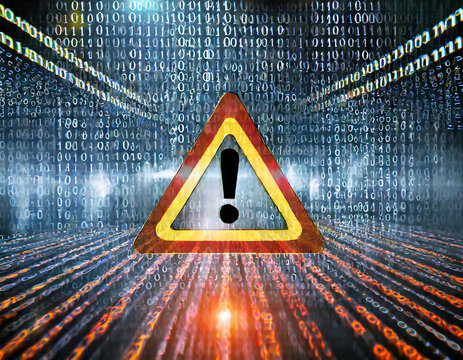 Attention symbol made with binary code. Danger Sign. Virus Alert. Digital binary data and streaming digital code background. Computer Hacked Error Concept