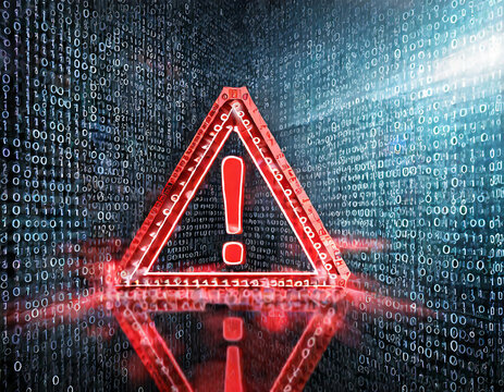 Attention symbol made with binary code. Danger Sign. Virus Alert. Digital binary data and streaming digital code background. Computer Hacked Error Concept