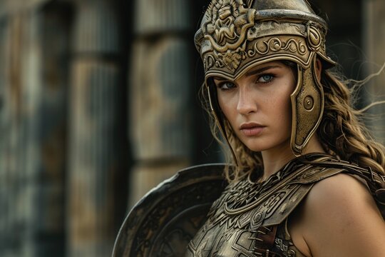 Studio portrait of a female gladiator warrior in ceremonial armor, against a backdrop of ancient Roman architecture.