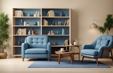 interior of living room with blue armchairs and bookshelf. living room interior