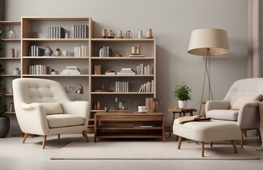living room interior with white armchairs, bookshelves and coffee table