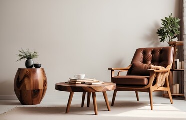 interior of modern living room with brown armchair and coffee table. living room interior