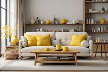 living room interior with cream sofa, yellow pillows, wooden table and bookshelves