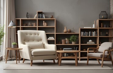 living room interior with white armchairs, bookshelf and coffee table on white wall background
