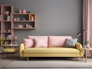 interior with yellow pink sofa, bookshelf and coffee table
