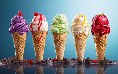 Five Ice Cream Cones in a Row, A Sweet Display of Frozen Treats