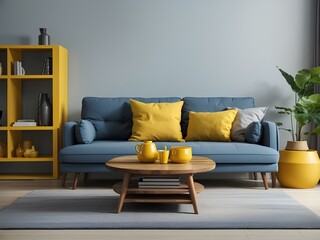 interior of modern living room with blue sofa and wooden coffee table.