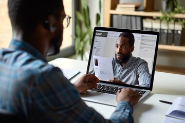 Male indian hr, recruiter or employer holding cv having online virtual job interview meeting with african candidate on video call. Distance remote recruitment conference chat. Generative AI