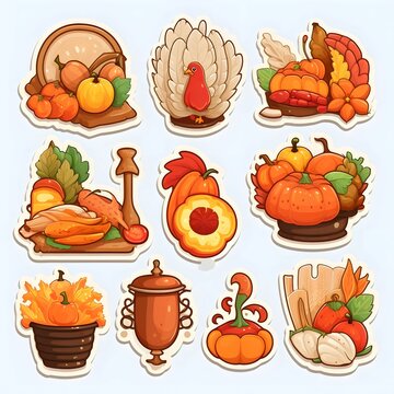 Stickers related to the Thanksgiving holiday, Turkey, Pumpkins. Pumpkin as a dish of thanksgiving for the harvest, picture on a white isolated background.