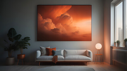 großes Bild über einem Sofa an einer grauen Wand