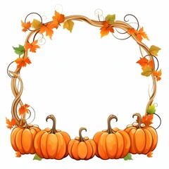 Frame with leaves, vines and pumpkins on a white background.